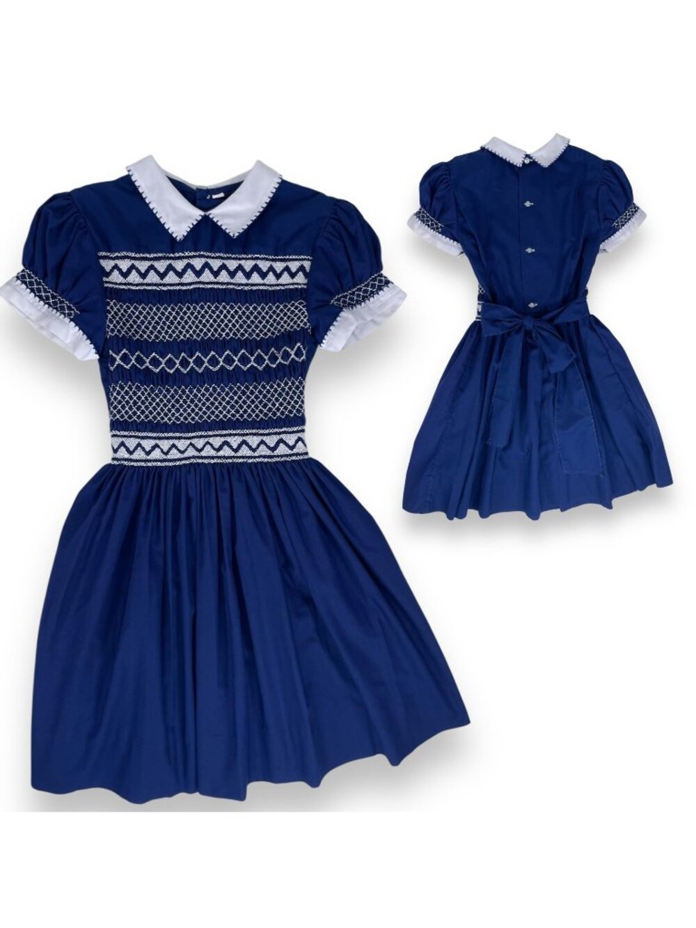 Vintage 1970s Girls Navy Blue Short Sleeve Collared Smocked Dress 6 - 8